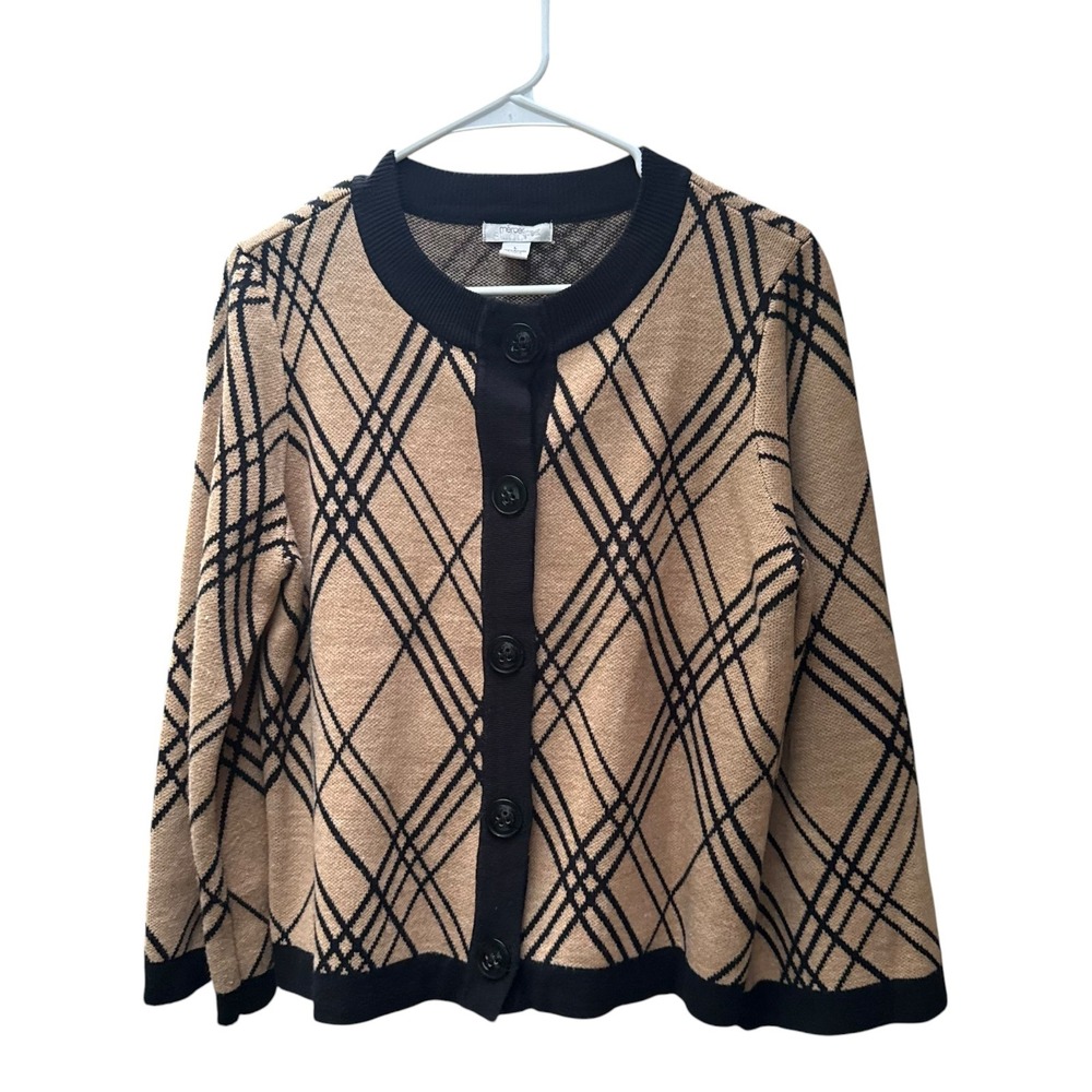 Merona Tan Black Plaid Button Front Cardigan Sweater Preppy Classic
